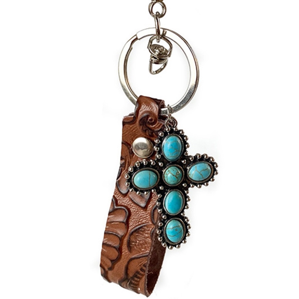 Boho Vintage Embossed Cross Turquoise, Leather Key Chain